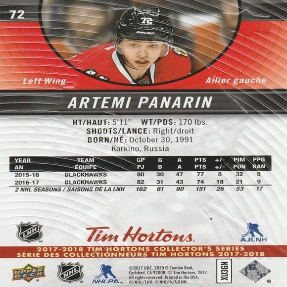 Artemi Panarin - 2017-18 Tim Hortons Collector's Series Card - Picture 2 of 2